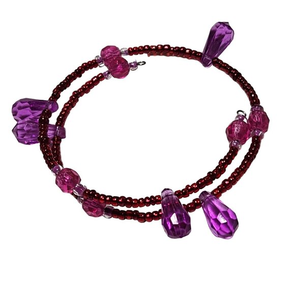 Retro 80s Colorful Beaded Stretch Coil Wrap Bracelet With Purple Red Beads - Picture 1 of 4